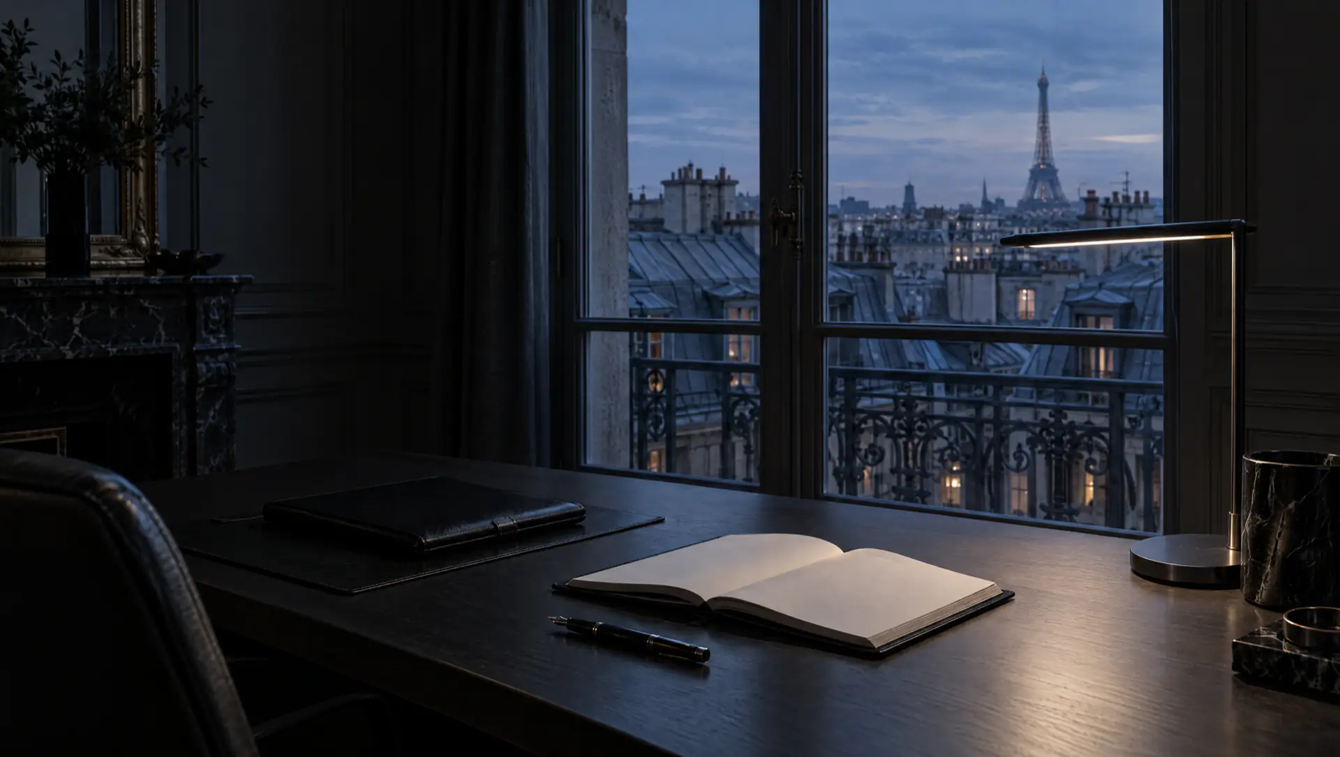 Bureau de coordination dans un appartement haussmannien à l'heure bleue, face aux toits de Paris.