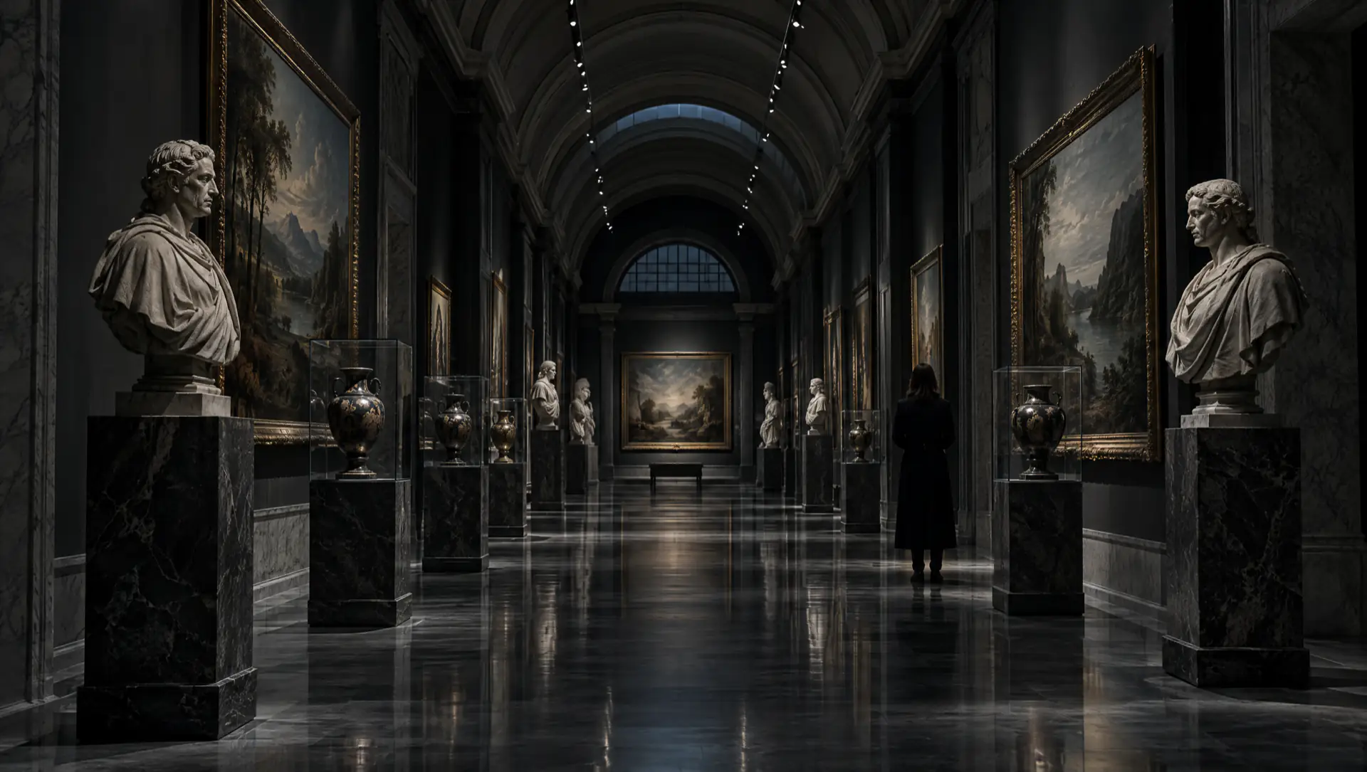 Grande galerie voûtée d'un musée après la fermeture, bustes de marbre et vases antiques, un visiteur seul au fond.
