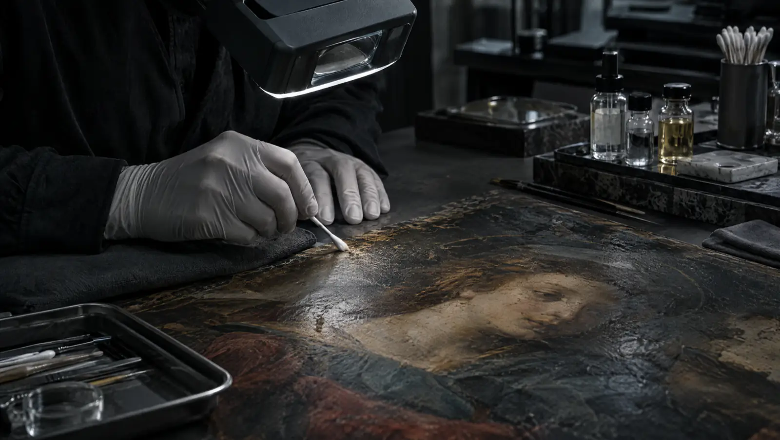 Atelier de restauration : une restauratrice nettoie le détail d'une peinture ancienne.
