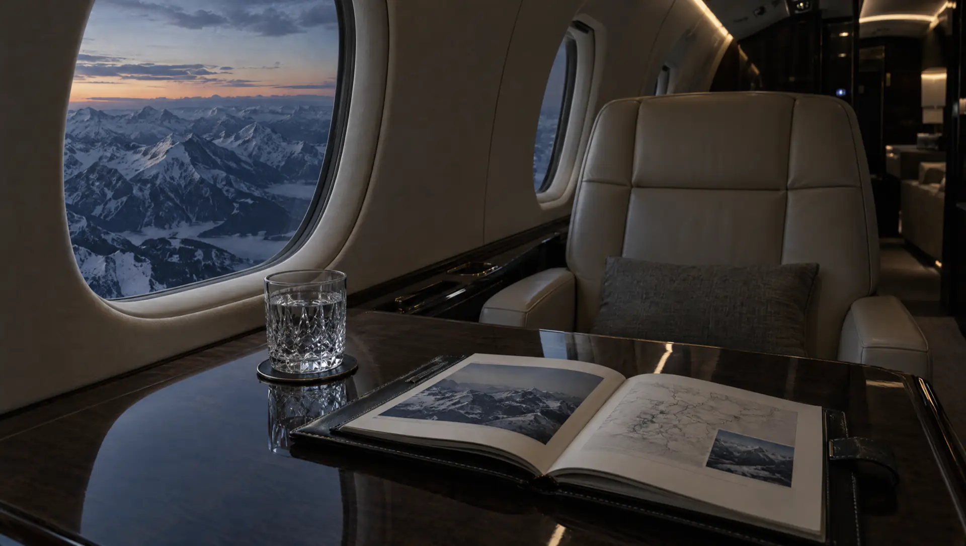 A private jet cabin at dusk above the Alps, an itinerary book open on the table.