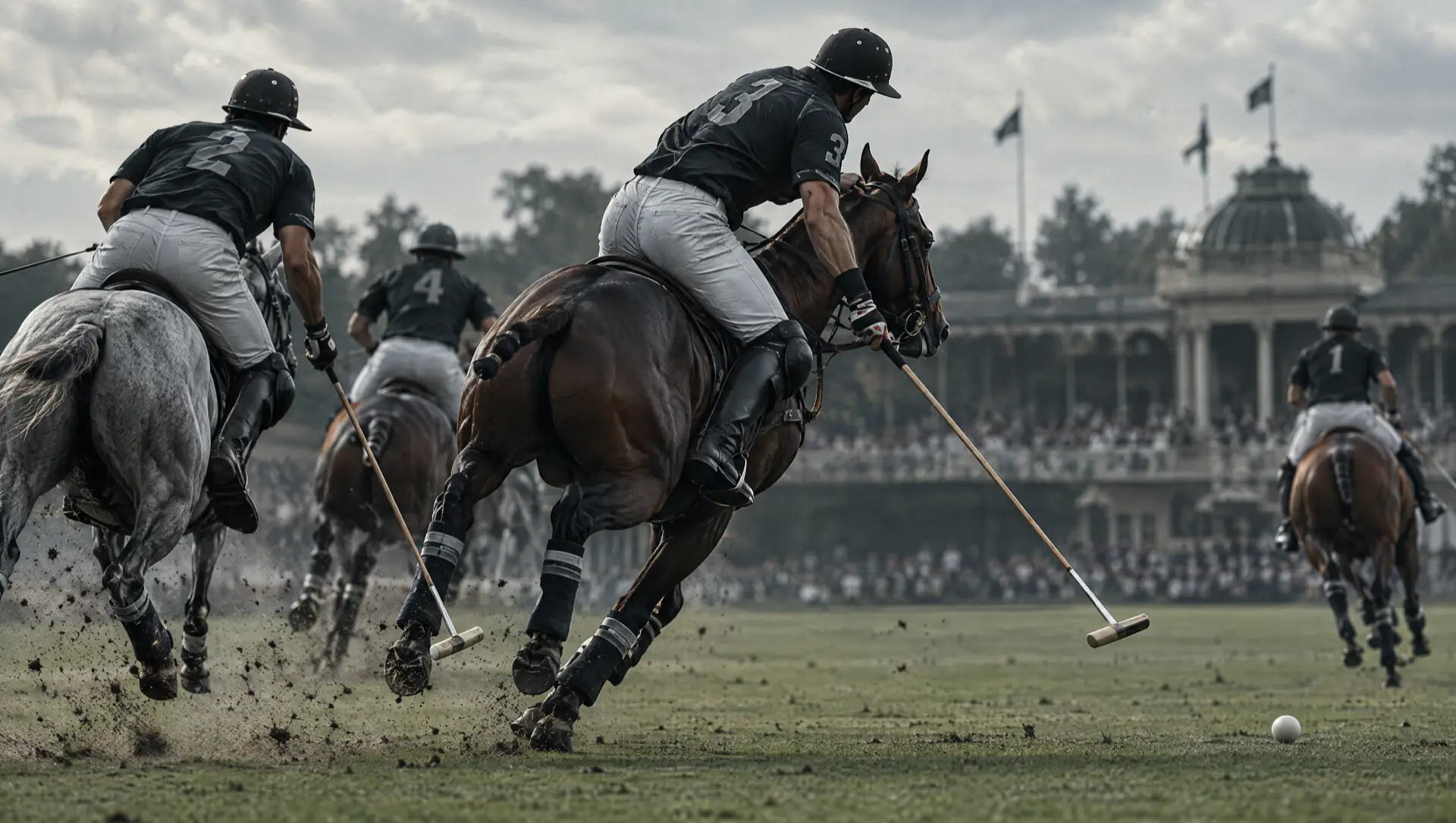 Match de polo au galop, chevaux et joueurs lancés sur le terrain.