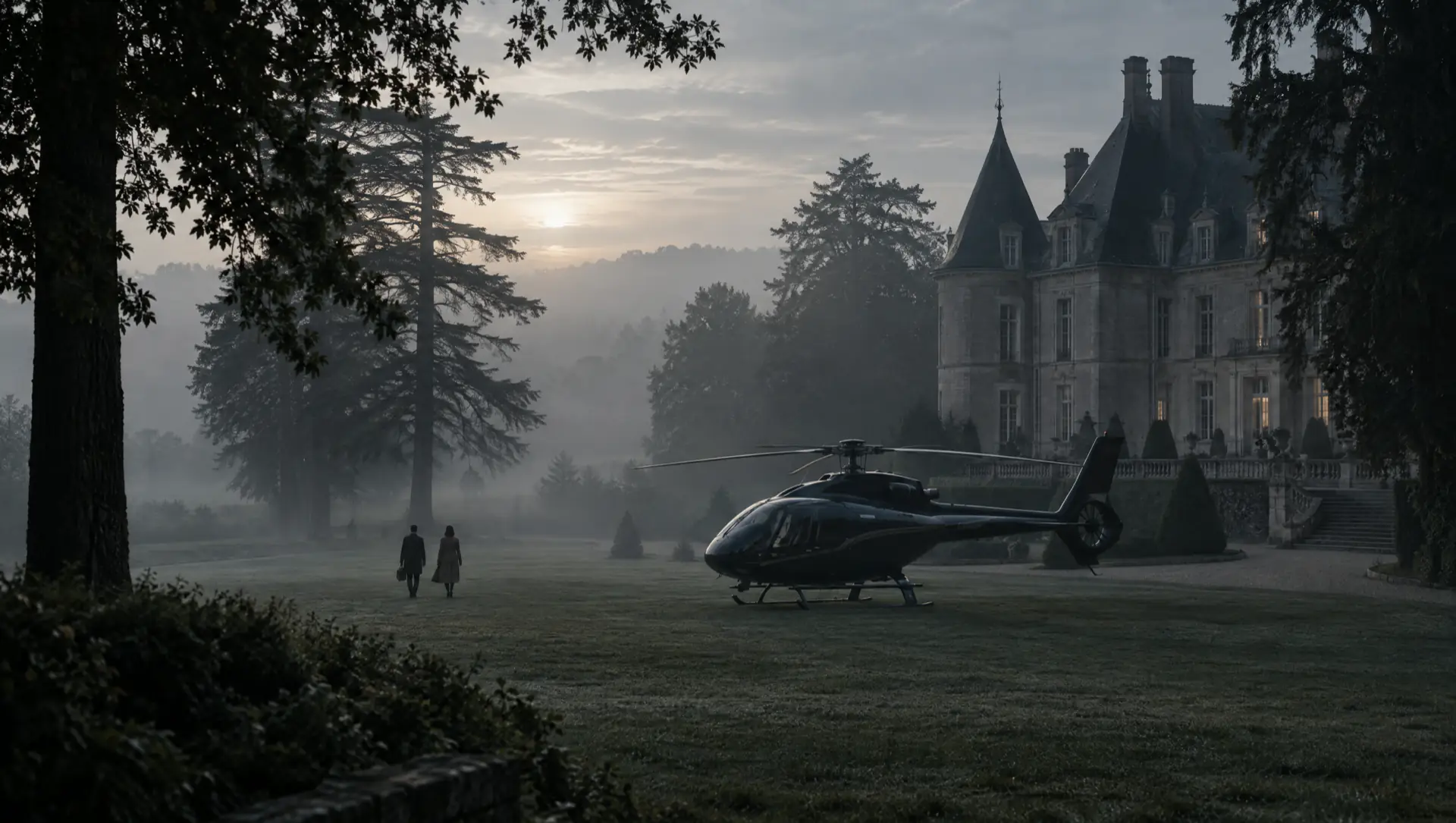 Parc d'un château à l'aube dans la brume, un hélicoptère privé posé sur la pelouse.