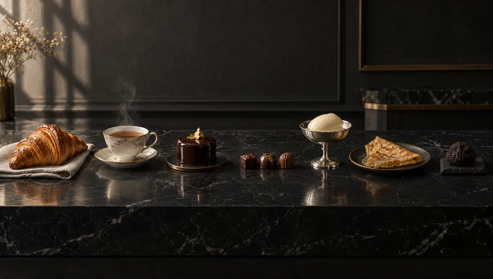 Sur un comptoir de marbre noir, les moments de la journée alignés : croissant, thé, entremets au chocolat, pralines, glace, crêpe et truffe noire.