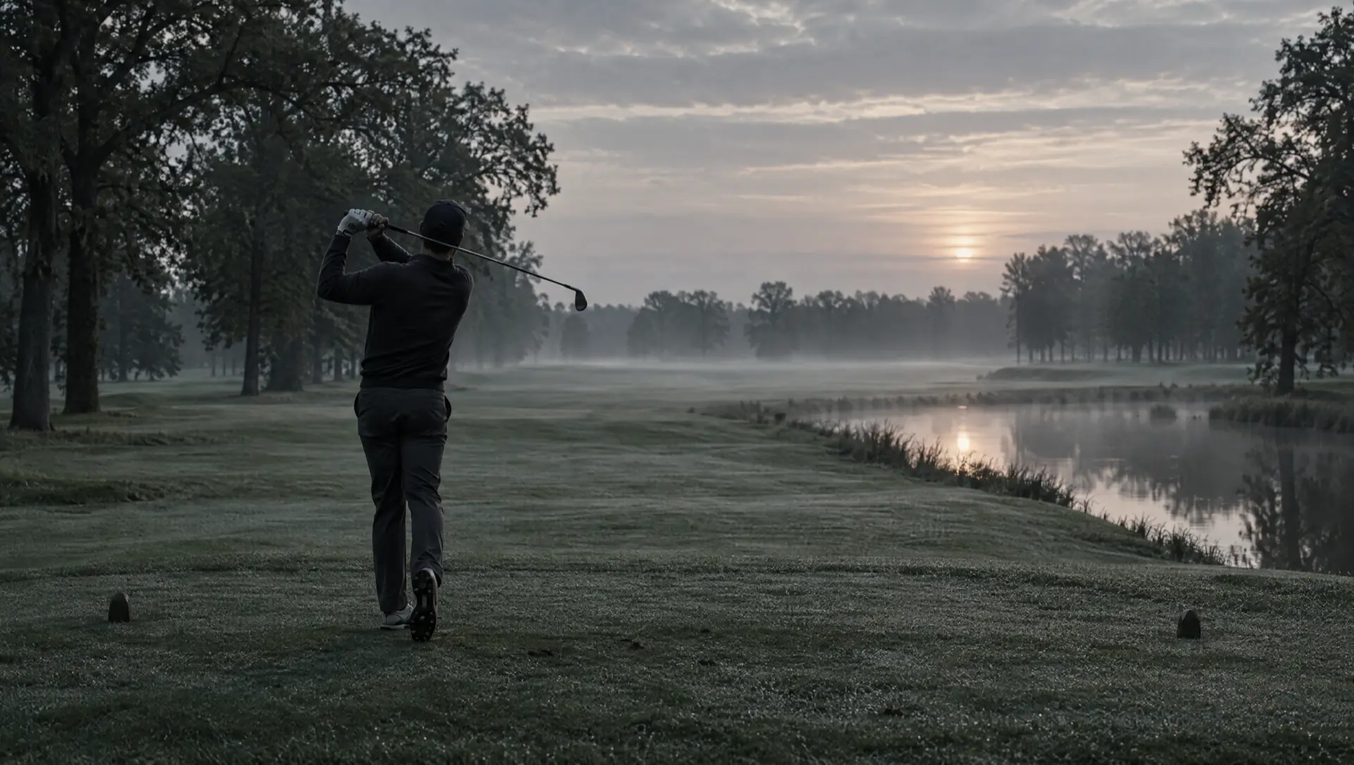 Fairway d'un parcours privé en plaine à l'aube, dans la brume, un joueur en plein swing.
