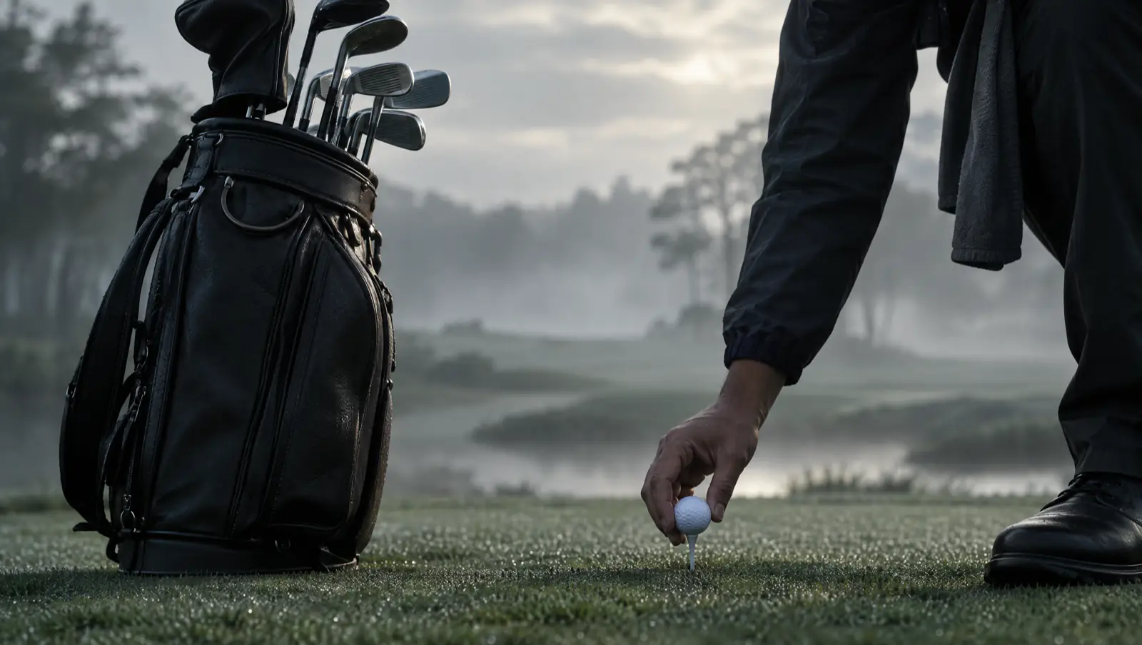 Sac de golf sur le practice couvert de rosée, une balle posée sur le tee.