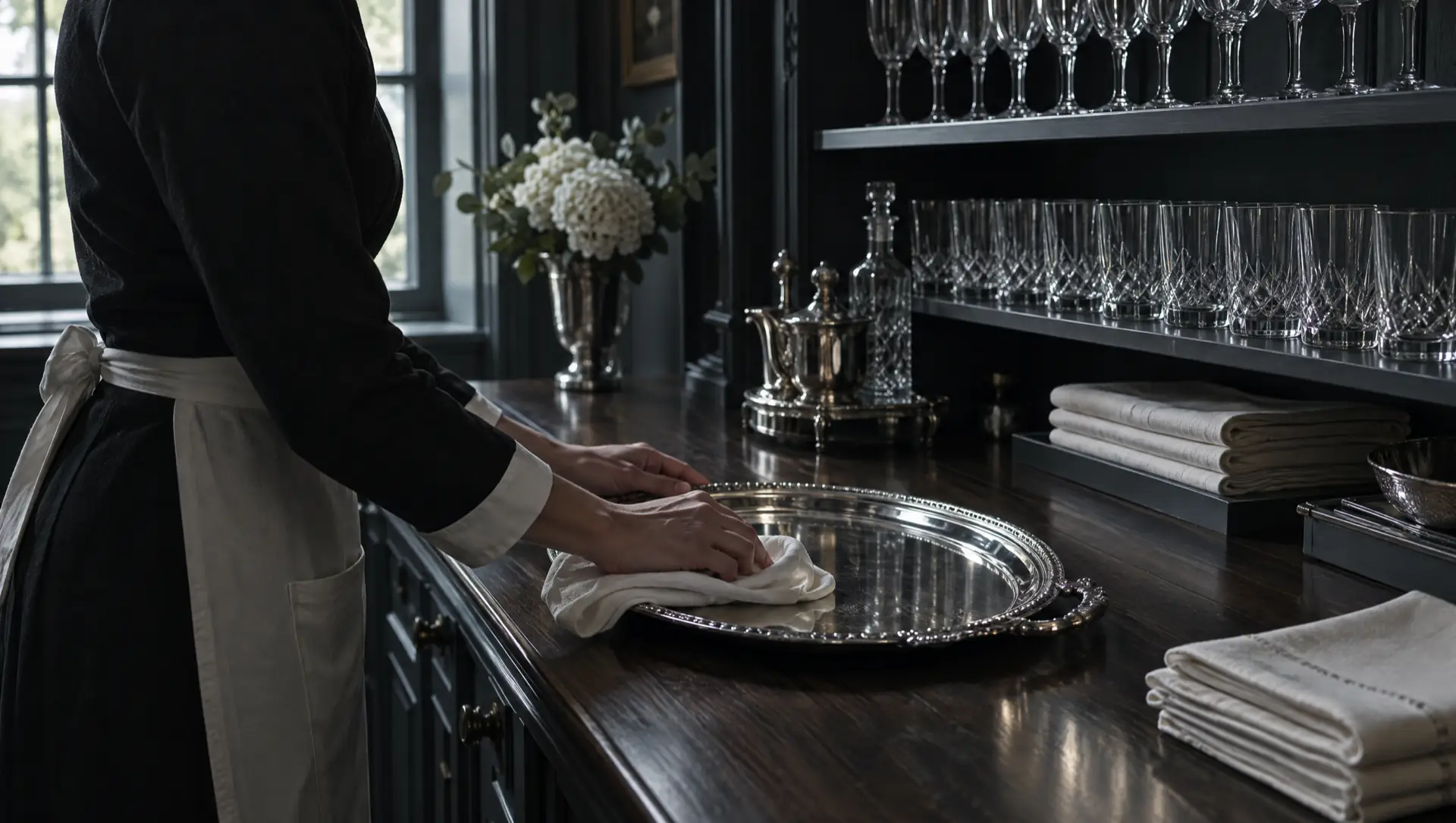 Dans l'office, un gouvernant polit un plateau d'argent, verres de cristal alignés.