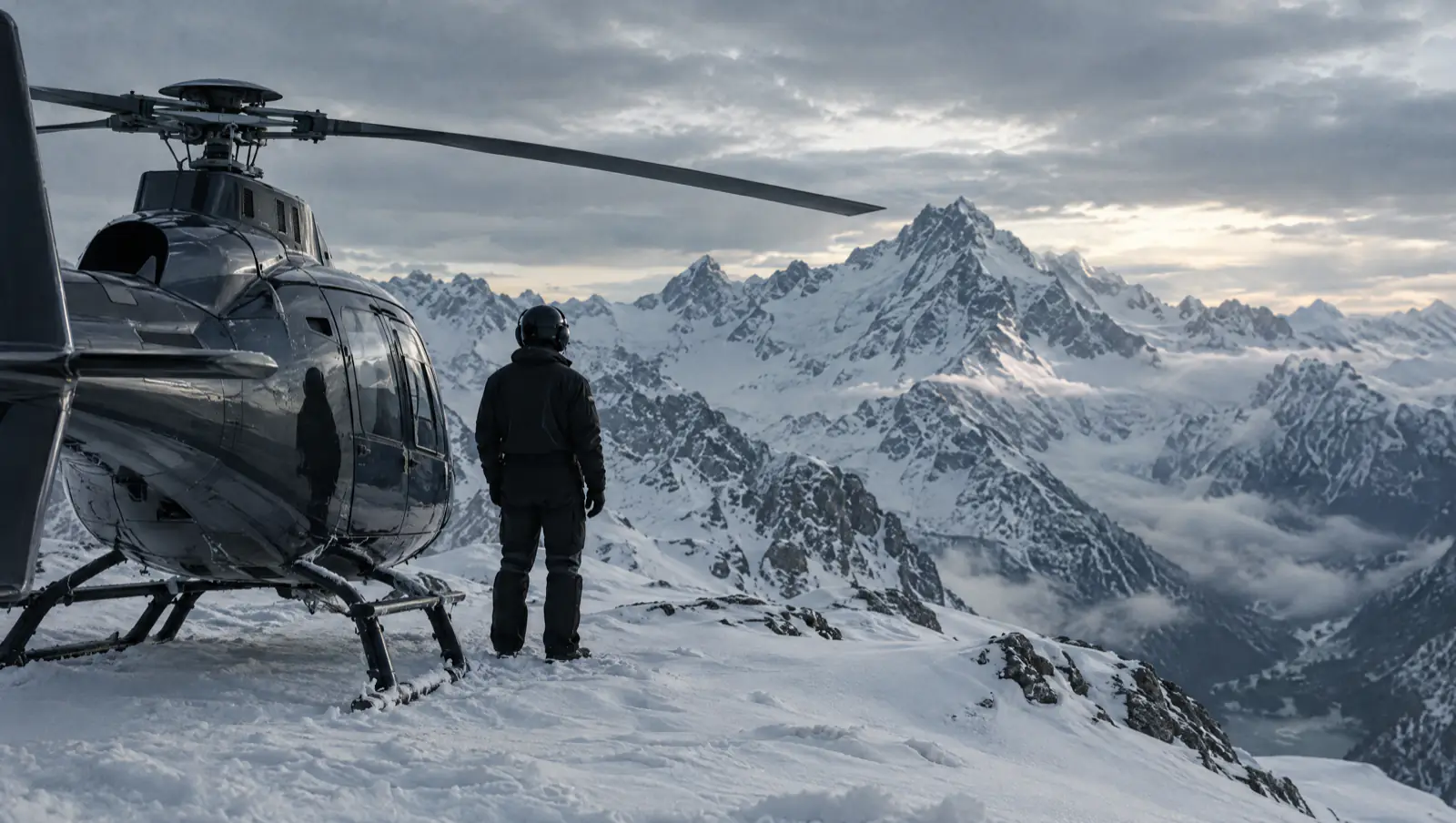 Hélicoptère posé sur une arête enneigée, le pilote face aux sommets.