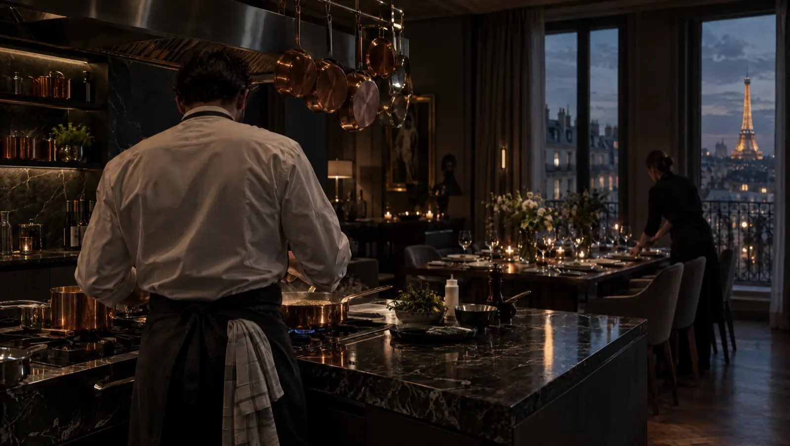 Un chef privé cuisine dans un appartement parisien, casseroles de cuivre et marbre sombre.