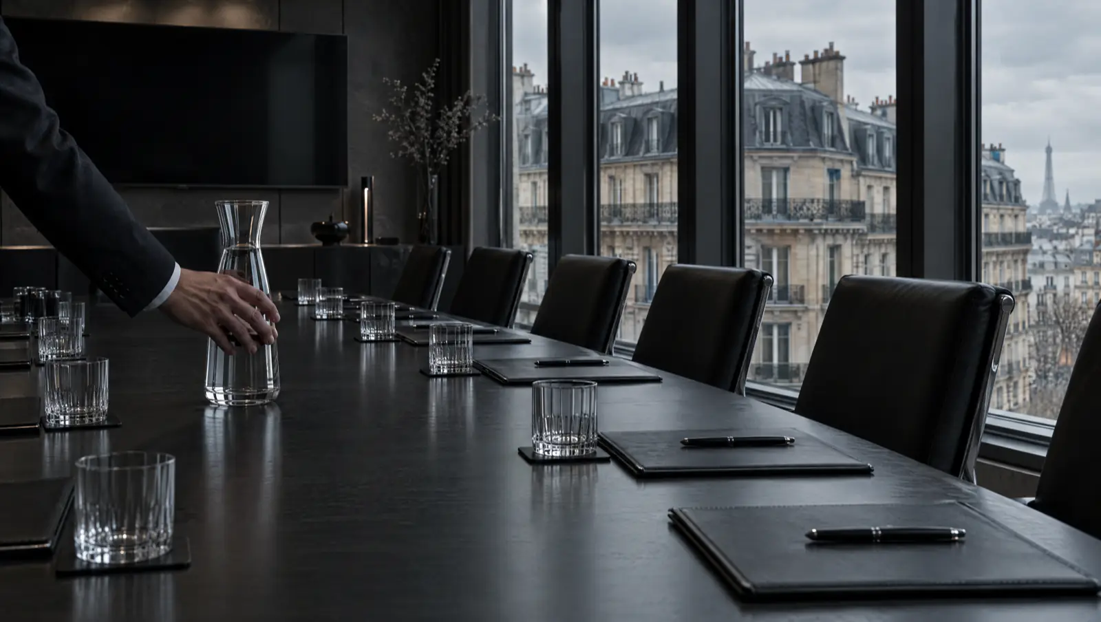 Salle de conseil d'un siège parisien préparée : carafe d'eau, blocs-notes alignés, façades haussmanniennes aux fenêtres.