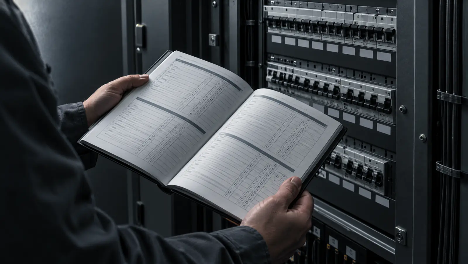 Carnet technique ouvert devant un tableau électrique ordonné.