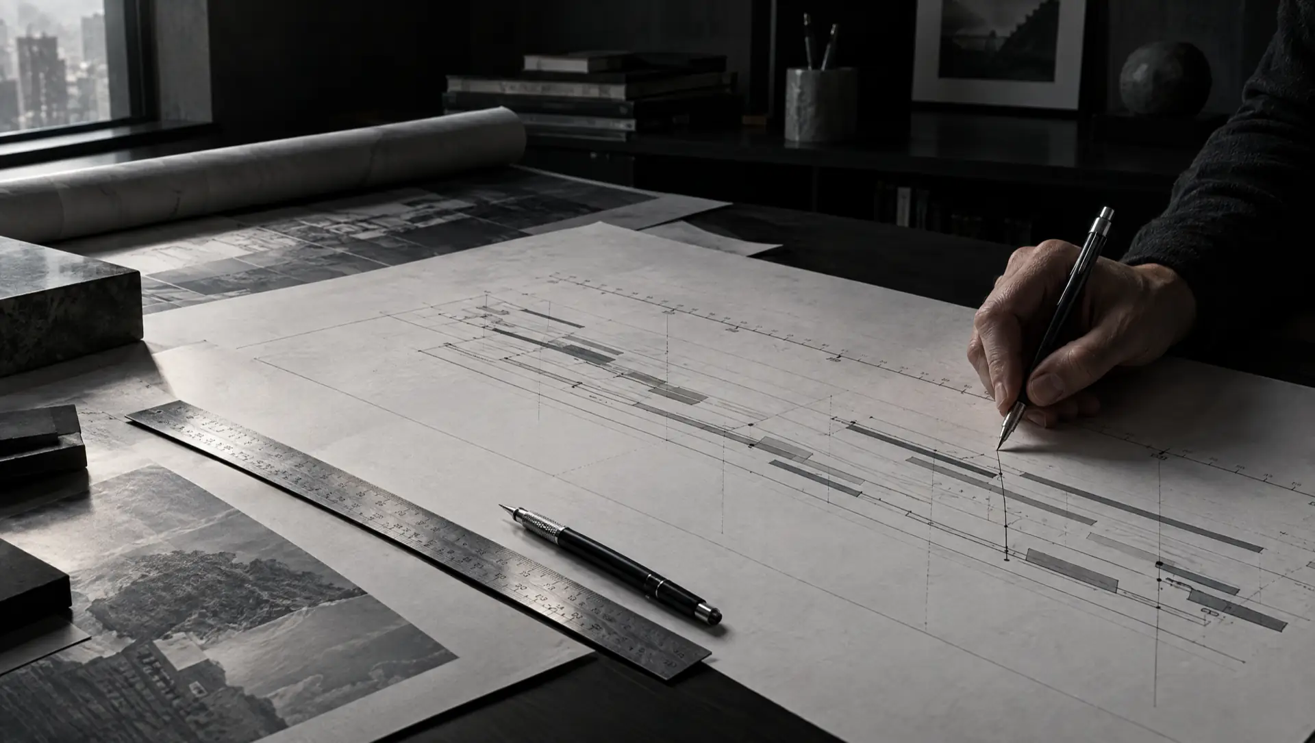 Table de travail couverte d'un chronogramme dessiné à la main, règle d'acier et porte-mine.