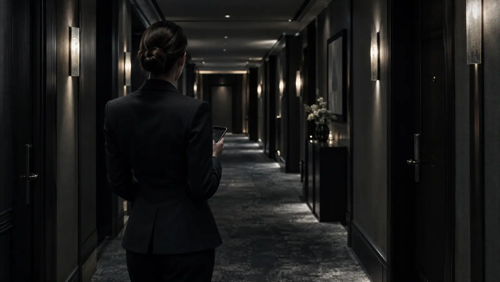 Un coordinateur, de dos, prépare une arrivée dans le couloir feutré d'un hôtel.