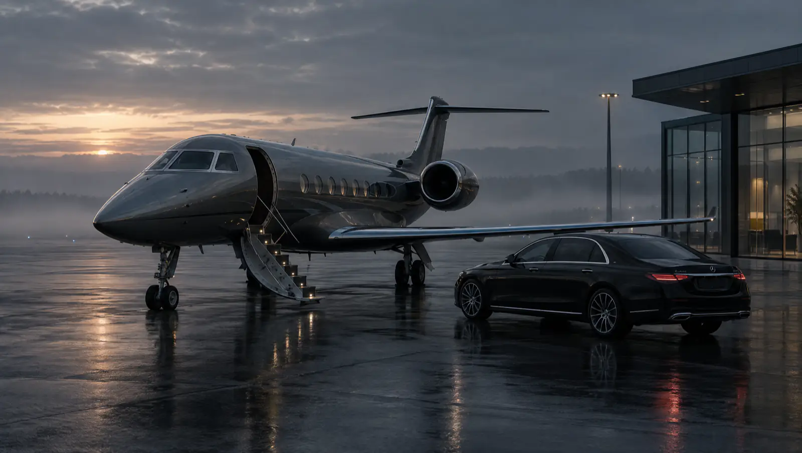 Avion d'affaires à l'aube sur le tarmac d'un terminal privé, une berline attend au pied de la passerelle.