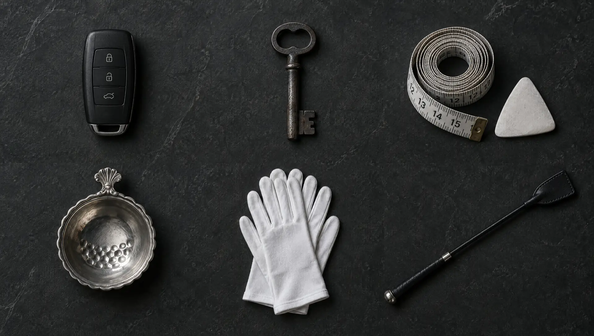 Six objets alignés sur la pierre, un par pôle : clé de voiture, clé ancienne, mètre ruban et craie de tailleur, tastevin, gants de musée, cravache.