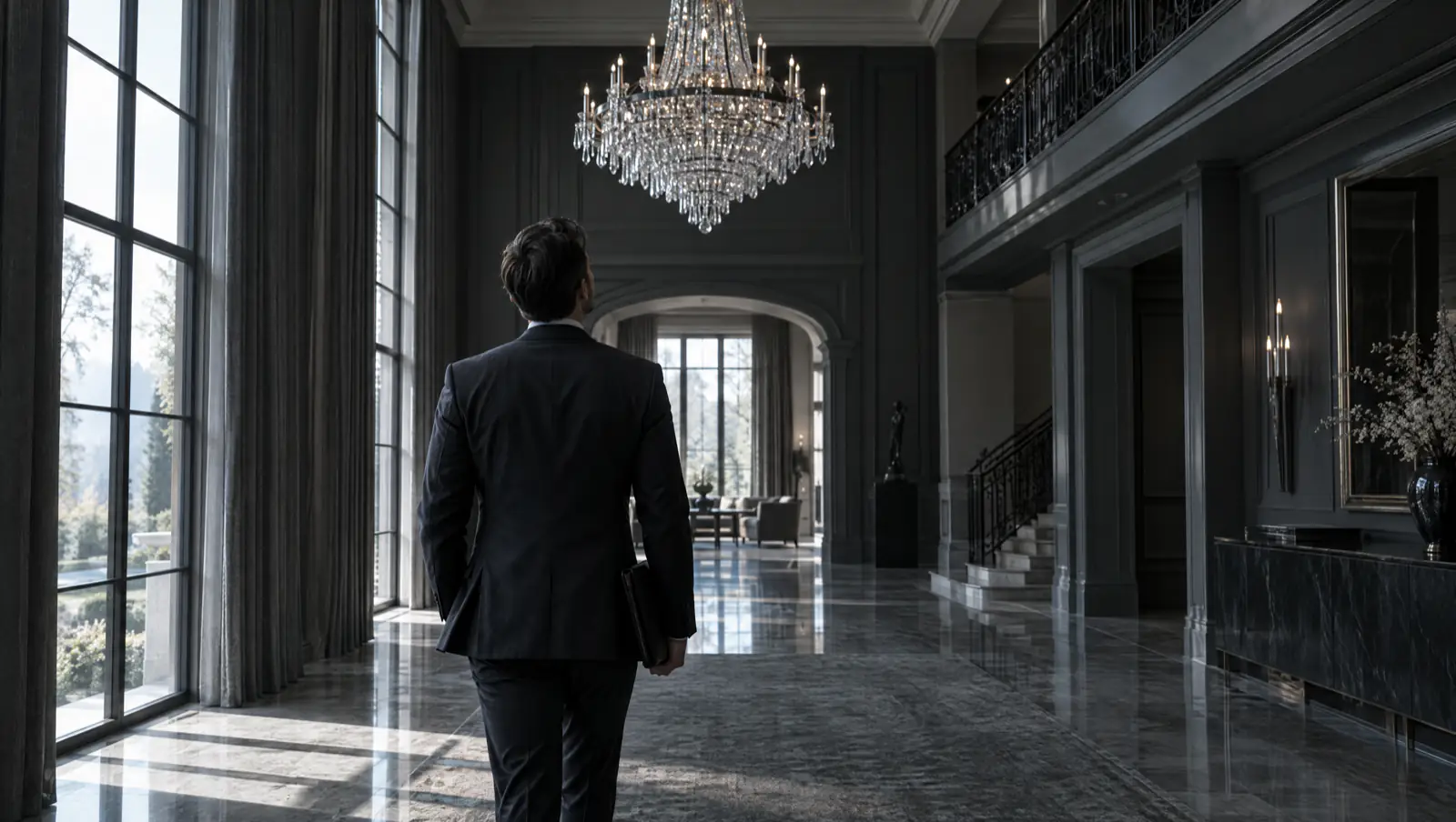 Un responsable de propriété, de dos, parcourt le grand hall et contrôle le lustre.