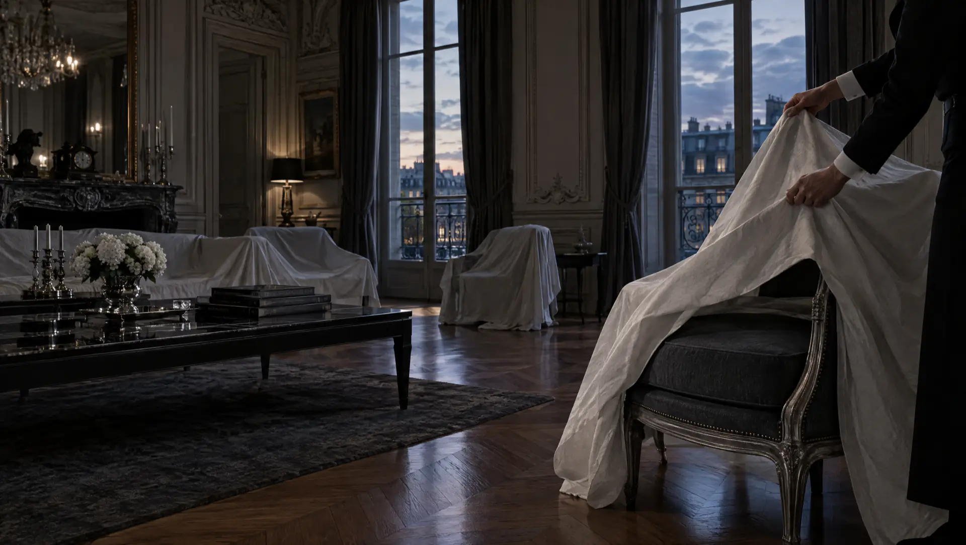 Grand salon d'hôtel particulier préparé avant l'arrivée de ses propriétaires, une housse retirée d'un fauteuil.