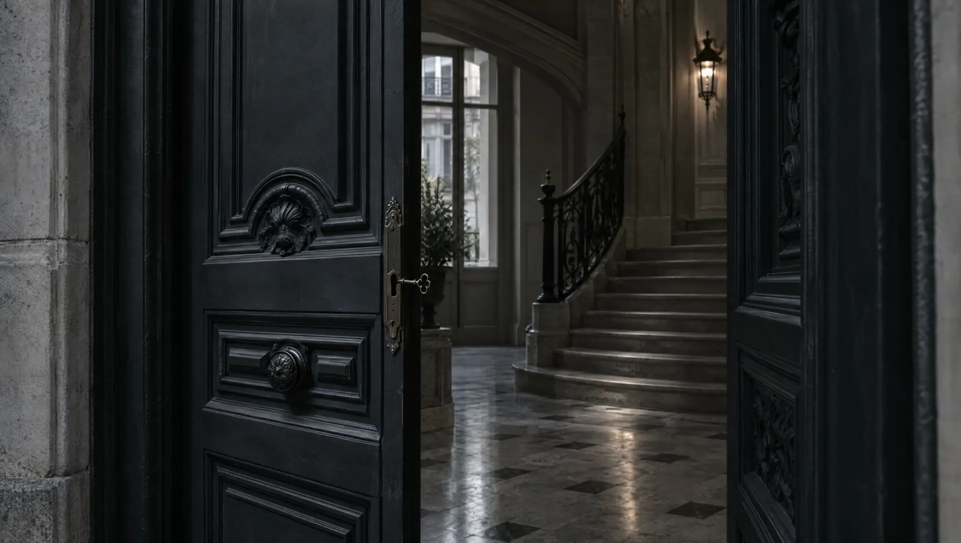 Porte d'entrée d'une résidence entrouverte, la clé dans la serrure, le hall éclairé au-delà.