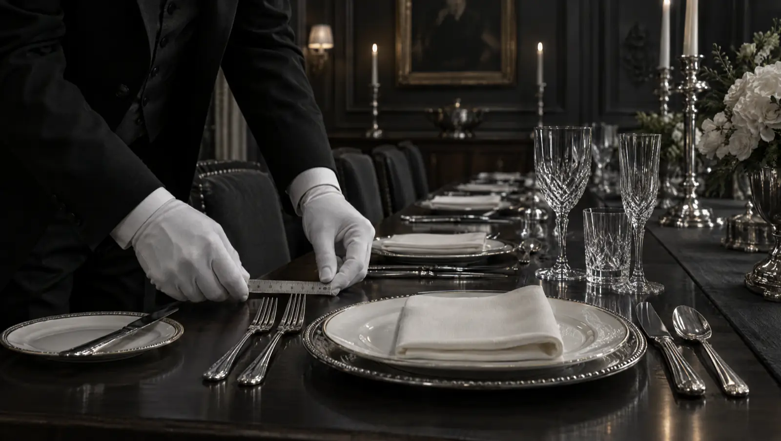 Mains gantées d'un majordome dressant une table, mesurant l'espacement des couverts.
