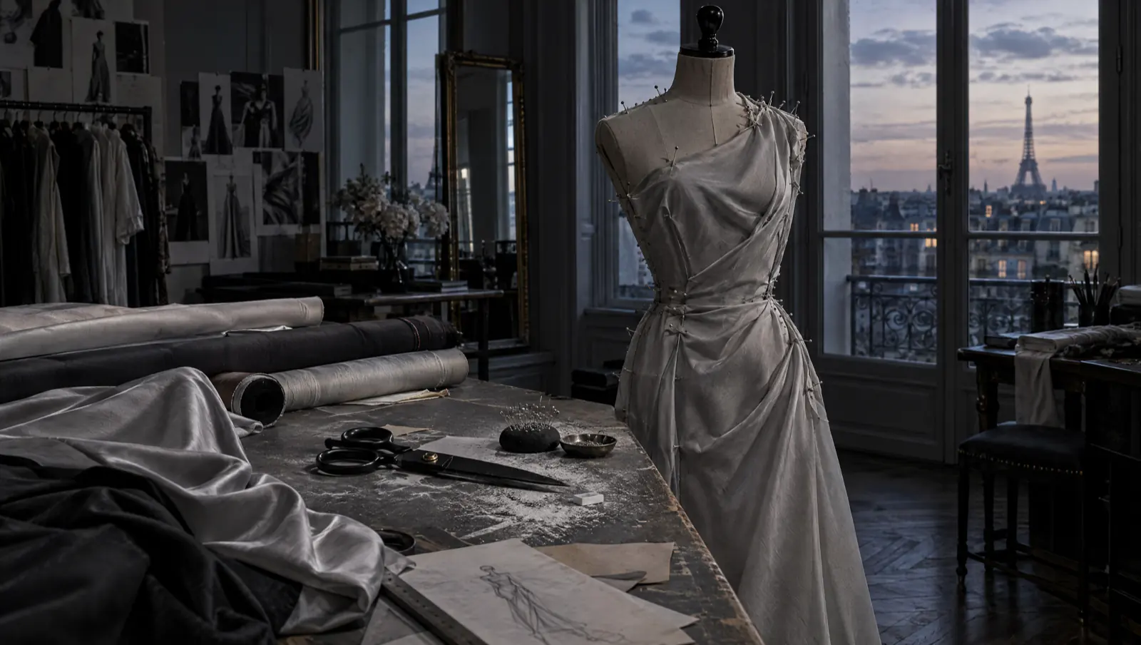 Atelier de haute couture : toile épinglée sur un mannequin de couture, ciseaux de tailleur et rouleaux d'étoffe.