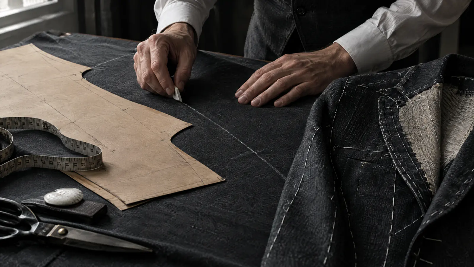 Mains de tailleur traçant une coupe à la craie sur un drap de laine anthracite, veste en cours de bâti.