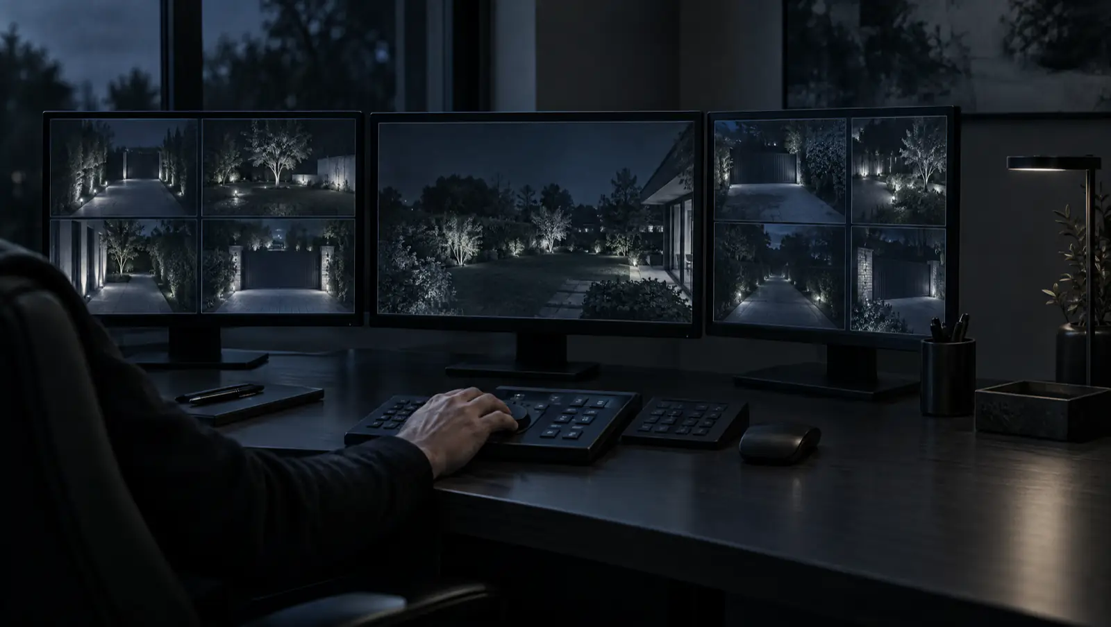 Poste de sûreté résidentielle : écrans de surveillance des jardins et des accès.
